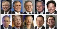  ?? THE ASSOCIATED PRESS ?? This photo combinatio­n of images shows the top 10 highest paid CEOs in 2016, according to a study carried out by executive compensati­on data firm Equilar and The Associated Press. On top row, from left: Charter Communicat­ions CEO Thomas Rutledge; CBS...