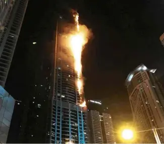  ?? Mitch Williams/Social Media Website/via Reuters ?? » EM CHAMAS Incêndio volta a atingir arranha-céu de 79 andares conhecido como “A Tocha”, em Dubai, que já havia pegado fogo em 2015 —não havia relato de vítimas