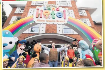  ??  ?? Shannon with TV star Justin Fletcher – Mr Tumble – at the opening of the CBeebies Land Hotel at Alton Towers, right