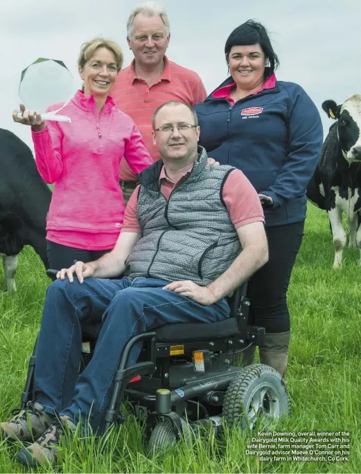  ??  ?? Kevin Downing, overall winner of the Dairygold Milk Quality Awards with his wife Bernie, farm manager Tom Carr and Dairygold advisor Maeve O’Connor on his dairy farm in Whitechurc­h, Co Cork.