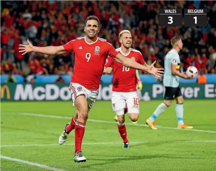  ?? GETTY IMAGES ?? Hal Robson-Kanu of Wales celebrates scoring his team’s second goal in the 3-1 win over Belgium yesterday.