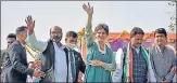  ?? ANI ?? Congress general secretary Priyanka Gandhi Vadra with party workers during Kisan Mahasabha, in Bijnor on Monday.