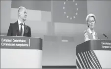  ?? REUTERS/Johanna Geron ?? European Commission President Ursula von der Leyen attends a news conference with German Chancellor Olaf Scholz at the European Commission in Brussels, Belgium, December 10, 2021.