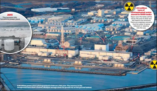  ??  ?? Fukushima power plant photograph­ed in February this year. The reactors in the foreground have been covered. Multiple storage tanks lie spread out on the ground behind.