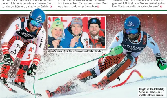  ??  ?? Marco Schwarz (r.) mit Alexis Pinturault und Stefan Hadalin (l.) Rang 21 in der Abfahrt (l.), Vierter im Slalom – das brachte Schwarz Bronze.