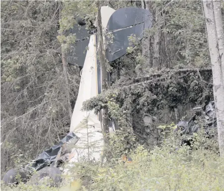  ??  ?? A plane rests in brush and trees after a midair collision outside Soldotna, Alaska, on Friday. Seven people, including an Alaska lawmaker, died when two small airplanes collided in midair near the airport on Alaska’s Kenai Peninsula.