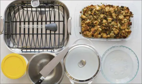  ?? SARAH CROWDER — KATIE WORKMAN VIA AP ?? Some must-have tools for the holiday kitchen include a roasting pan with rack, baster, instant thermomete­r, glass baking dish, glass pie plate, casserole pot, mixing bowl, chef’s knife and storage containers.