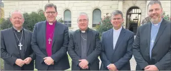  ?? ?? Dr Sam Mahwinney (second from right) with Ireland’s main church leaders in Rome in October this year, where they addressed a seminar to mark the 25th anniversar­y of the Good Friday Agreement. Pictured is Most Rev Eamon Martin, Roman Catholic Archbishop of Armagh and Primate of All Ireland; Rt Rev Andrew Forster, President of the Irish Council of Churches; Most Rev John McDowell, Church of Ireland Archbishop of Armagh and Primate of All Ireland; Rt Rev Dr Sam Mawhinney, Moderator of the
Presbyteri­an Church in Ireland and Rev David Turtle, President of the Methodist Church in Ireland.