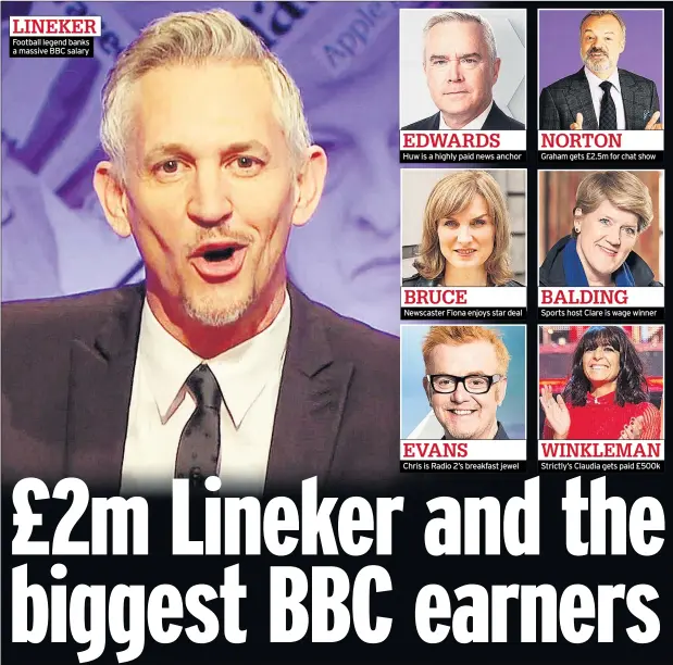  ??  ?? LINEKER Football legend banks a massive BBC salary EDWARDS Huw is a highly paid news anchor BRUCE Newscaster Fiona enjoys star deal EVANS Chris is Radio 2’s breakfast jewel NORTON Graham gets £2.5m for chat show BALDING Sports host Clare is wage winner...