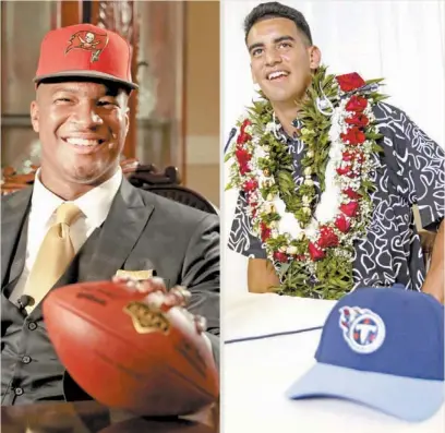  ??  ?? Jamies Winston (izq), ya con la gorra de Tampa Bay, y Marcus Mariota (der), con la de Tennessee