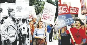  ?? PHOTO VIA AP ?? This combinatio­n of photos shows (from left) actor Alan Alda from the series “MASH” picketing Twentieth-Century Fox studios in Los Angeles on Aug. 6, 1980, actor Patty Duke with striking writers on the picket line at 20th Century Fox Studios in Los Angeles on March 8, 1988, and actor John Stamos, a cast member on “the medical drama ER,” supports members of the Writers Guild of America, as they strike outside the Warner Bros. Television Studios in Los Angeles on Nov. 6, 2007.