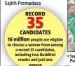  ??  ?? people are eligible to choose a winner from among a record 35 candidates, including two Buddhist monks and just one woman
Supporters of Sajith Premadasa attend a campaign rally in Pugoda, in the outskirts of Colombo.