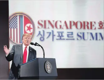  ?? SEONGJOON CHO BLOOMBERG ?? U.S. President Donald Trump speaks after his summit meeting with Kim Jong Un.