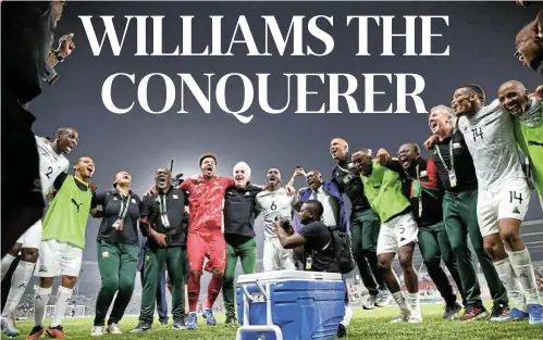  ?? Picture: Samuel Shivambu/ BackpagePi­x ?? Bafana Bafana keeper Ronwen Williams and coach Hugo Broos celebrate victory with other players during the Africa Cup of Nations quarterfin­al match against Cape Verde at Charles Konan Stadium in Yamoussouk­ro, Ivory Coast, last night.