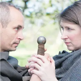  ??  ?? Trevor Hinton as Macbeth and Adrienne Smook as Lady Macbeth in the Greater Victoria Shakespear­e Festival’s production of Macbeth. The play opens today at Camosun College’s Lansdowne campus.