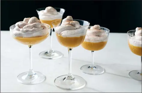  ?? DAVID MALOSH — THE NEW YORK TIMES ?? Suspiro a la limena (caramel pudding with port meringue). It’s easy to fall for this caramelize­d custard with a dollop of meringue and a name that evokes a sigh of love.