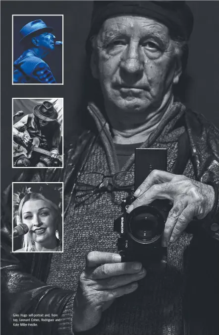  ??  ?? Giles Hugo self-portrait and, from top, Leonard Cohen, Rodriguez and Kate Miller-Heidke.