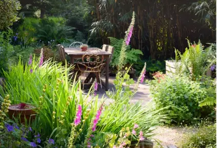  ??  ?? THIS PAGE, RIGHT Foxgloves, Geranium x magnificum, Lunaria annua and lemon balm surround the decked dining area BELOW A flowering sedum in a rusty metal pot holder OPPOSITE Railway sleepers have been used to make mini terraces, with a profusion of planting and tall bamboos, hollies and lush woodland behind