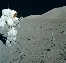  ?? COURTESY NASA ?? Astronaut Harrison H. “Jack” Schmitt, a geologist, collects lunar samples at the Taurus-Littrow landing site of the Apollo 17 mission.
