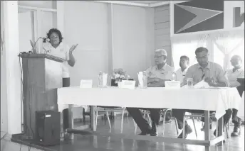  ??  ?? Minister of Public Telecommun­ications Cathy Hughes (at podium) along with Minister of Agricultur­e Noel Holder (seated with arms folded) and Minister of Public Security Khemraj Ramjattan (seated at right) yesterday.