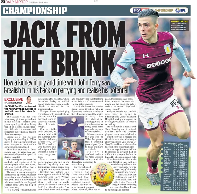  ??  ?? LISH OF THE DAY Jack Grealish was the star of the show in Villa’s win over Birmingham