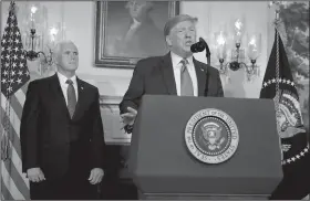  ?? AP/EVAN VUCCI ?? “We can and will stop this evil contagion,” President Donald Trump said Monday in the White House after the weekend’s mass shootings in El Paso, Texas, and Dayton, Ohio.