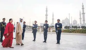  ?? WAM ?? President Bidhya Devi Bhandari of Nepal and Yousuf Al Obaidli during a visit to the Shaikh Zayed Grand Mosque on Tuesday. Bhandari also paid her respects at Shaikh Zayed’s tomb.