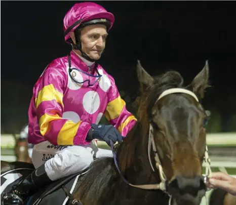  ?? PHOTO: KEVIN FARMER ?? HE’S BACK: Jockey Ron Goltz returns on Clifford Park winner Precipitat­e for trainer Wayne Nugent before being struck down with a knee injury in November 2016.