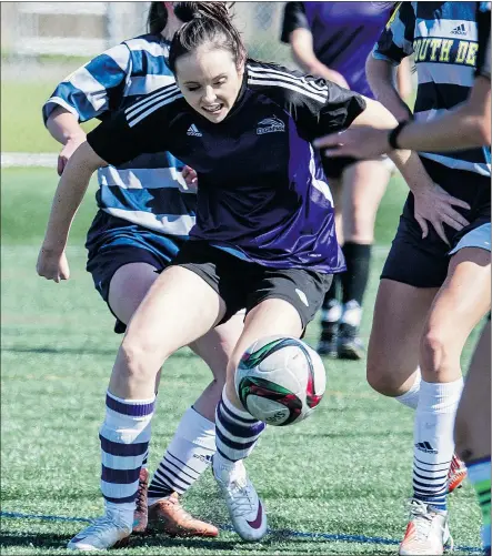 ?? STEVE BOSCH/PNG FILES ?? Sally Matthews of the Elgin Park Orcas battles against South Delta Sun Devils in a girls soccer match last month. The squad has won 11 of its 12 matches as it prepares for the provincial­s.