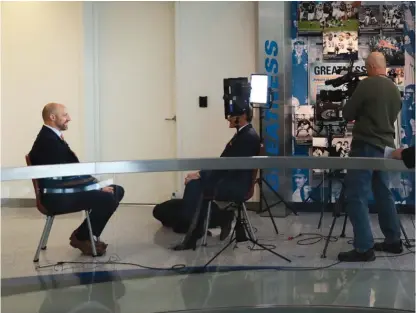  ?? CHARLES REX ARBOGAST/ AP ?? Nagy ( left) is interviewe­d by a local TV station after being hired as the Bears’ coach in January.