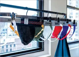  ?? ANDREW WERNER FOR BIKE ATHLETIC VIA THE ASSOCIATED PRESS ?? A collection of jockstraps Wednesday in New York. The jockstrap was invented in 1874 for bicycle messengers riding bumpy cobbleston­e streets in Boston.