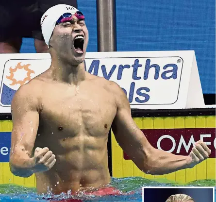  ?? Inset: ?? I did it!: China’s Sun Yang celebrates after winning the men’s 400m freestyle final in the World Aquatics Championsh­ips in Budapest on Sunday. Sweden’s Sarah Sjostrom. – AFP