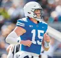  ?? ?? Drew Allar reacts after a throwing a pass for a touchdown during the Penn State Spring Football Game at Beaver Stadium.