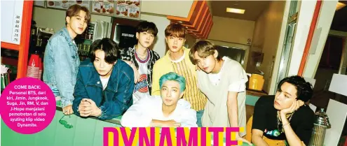  ?? BIG HIT ENTERTAINM­ENT ?? COME BACK: Personel BTS, dari kiri, Jimin, Jungkook, Suga, Jin, RM, V, dan J-Hope menjalani pemotretan di sela syuting klip video Dynamite.