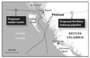  ?? Sean Vokey/the Canadian Press ?? The proposed tanker routes connecting to Enbridge Inc.’s Northern Gateway pipeline.
