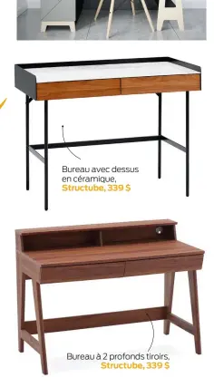  ?? ?? Bureau avec dessus en céramique, Structube, 339 $
Bureau à 2 profonds tiroirs,
Structube, 339 $