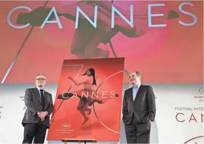  ?? EPA ?? General Delegate of the Cannes Film Festival Thierry Fremaux, left, and Cannes Film Festival President Pierre Lescure present the lineup for the 70th Cannes Film Festival in Paris.