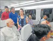  ?? PTI/PIB ?? PM Narendra Modi took a ride in the Airport Express Metro to reach Dwarka for laying the foundation stone of the project.