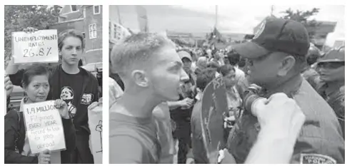  ?? Photo from Thomas van Beersum’s Facebook account/Philstar.com ?? In this photo dated July 23, 2012, Dutch national Thomas van Beersum joins a SONA ng Bayan protest action in Nieuwmarkt, Amsterdam. During the SONA protest, he was photograph­ed taunting a policeman (right photo) who later broke down into tears at the...