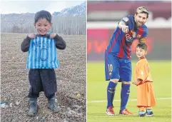  ?? AFP ?? Murtaza Ahmadi wearing his plastic bag jersey, left; with his idol Lionel Messi, right.