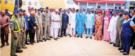  ?? ?? Former Gov Kayode Fayemi, former Minister of Aviation, Hadi Sirika and others at the ‘commission­ing’ of the Ekiti Airport in 2022