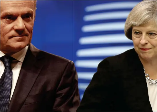  ?? Bild: Frank Augstein/ap/tt ?? Storbritan­niens premiärmin­ister Theresa May vill skjuta upp brexit och EU:S ordförande Donald Tusk öppnar för ytterligar­e tid, men då måste britterna först rösta ja till utträdesav­talet.