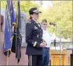  ?? Guy Mccarthy / Union Democrat ?? Susan Escallier (above), oftwain Harte, a retired brigadier general in the U.S. Army, speaks at a Veterans Day event Friday in Tuolumne (top). Barbara Persson (below), 87, oftuolumne, shows a hat honoring her brothers who all served in the military.