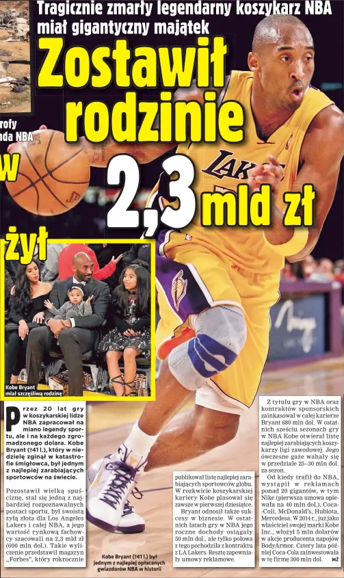  ??  ?? Kobe Bryant (†41 l.) był jednym z najlepiej opłacanych
gwiazdorów NBA w historii