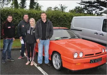  ??  ?? Kevin O’Connor, Denis Delaney, Jennifer Brosnan and Gerry Brosnan getting ready to set off at the Ballymac Vintage Car and Honda 50 run on Friday evening.