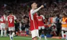  ?? Photograph: Tom Jenkins/The Guardian ?? Gabriel Martinelli celebrates scoring the only goal in Arsenal’s Premier League victory over Manchester City in October.