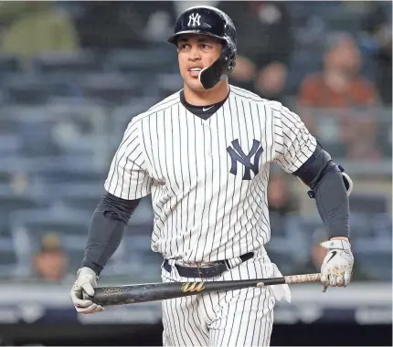  ?? BRAD PENNER/USA TODAY SPORTS ?? Yankees DH Giancarlo Stanton struck out twice against the Marlins on Tuesday at home.