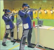  ?? HT PHOTO ?? Shooters practice ahead of the World Cup that begins today at the Karni Singh Ranges.