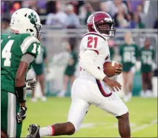  ?? MARK BUFFALO/THREE RIVERS EDITION ?? Augusta running back Zack McLucas, No. 21, speeds away from Episcopal’s Hayden Smith en route to a first-quarter touchdown in the Red Devils’ 34-32 win over the Wildcats in Little Rock on Sept. 28.