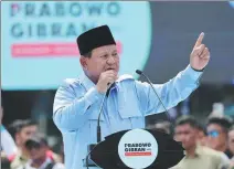  ?? KIM KYUNG-HOON / REUTERS ?? Indonesia’s presidenti­al candidate Prabowo Subianto addresses a campaign rally in Jakarta on Feb 10. The election commission has declared him the winner of the Feb 14 poll.